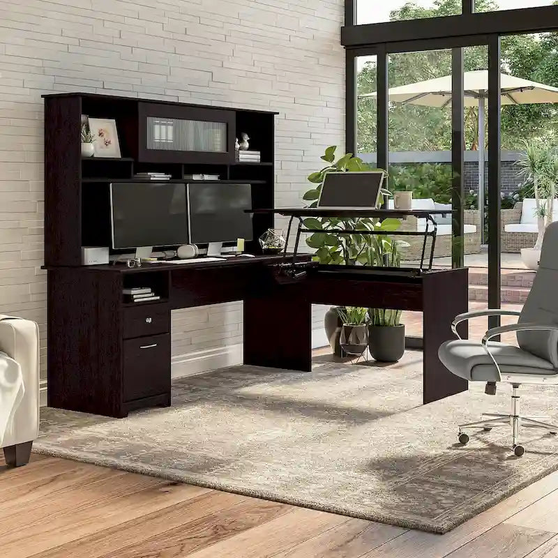Bureau assis-debout en forme de L à 3 positions de 72 W avec huche, par Bush Furniture