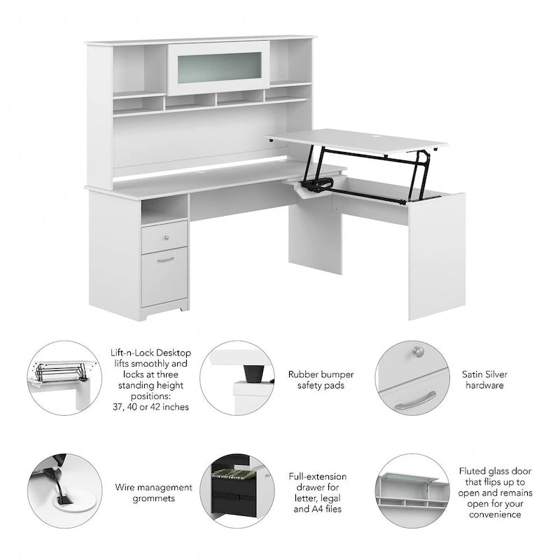 Bureau assis-debout en forme de L à 3 positions de 72 W avec huche, par Bush Furniture