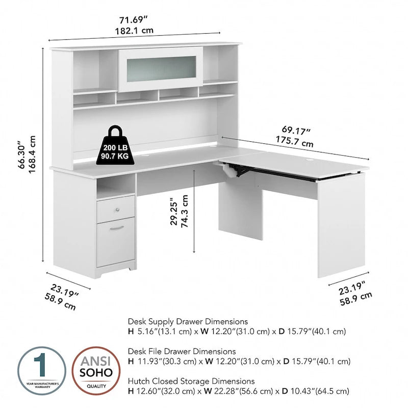 Bureau assis-debout en forme de L à 3 positions de 72 W avec huche, par Bush Furniture