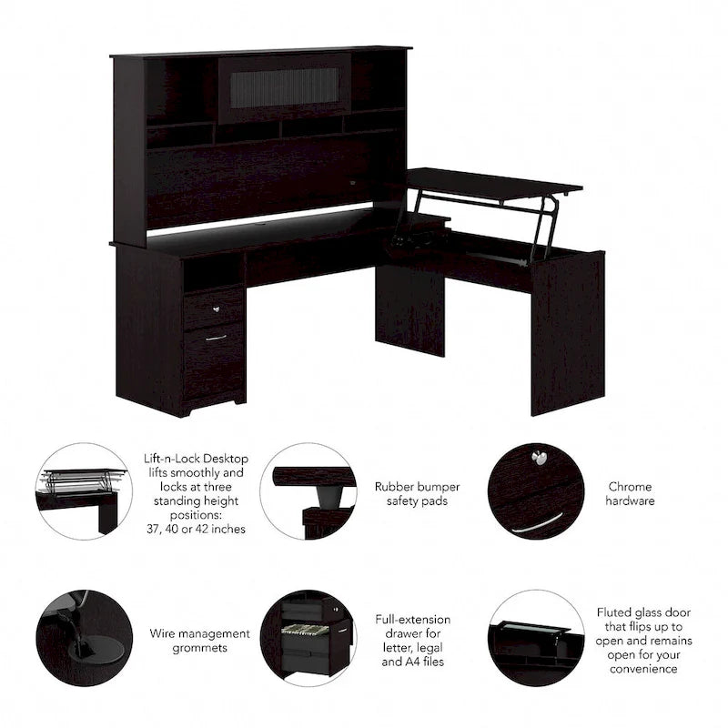 Bureau assis-debout en forme de L à 3 positions de 72 W avec huche, par Bush Furniture