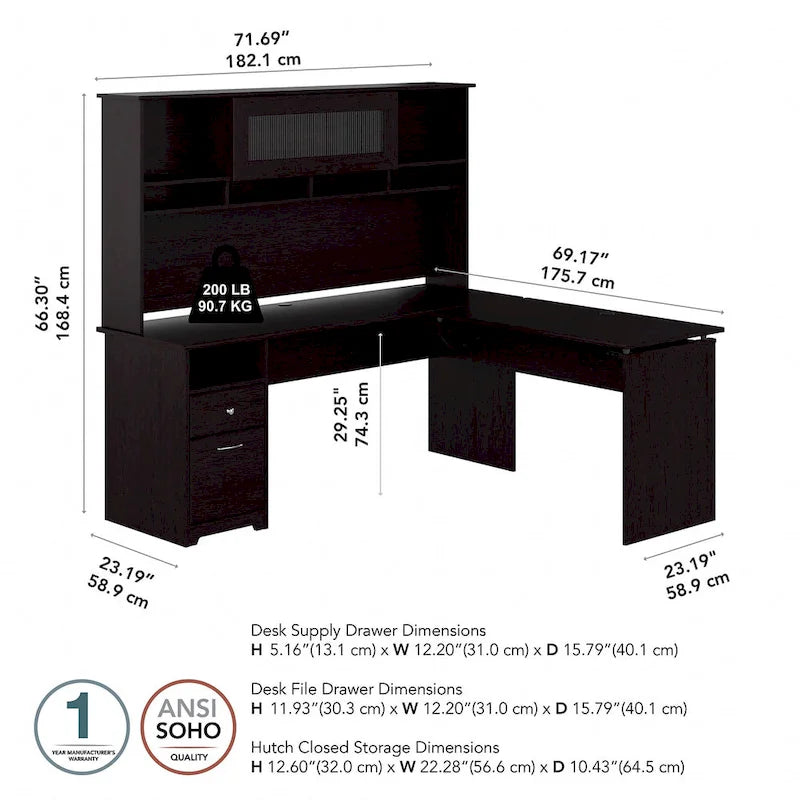Bureau assis-debout en forme de L à 3 positions de 72 W avec huche, par Bush Furniture