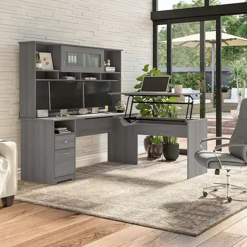 Bureau assis-debout en forme de L à 3 positions de 72 W avec huche, par Bush Furniture