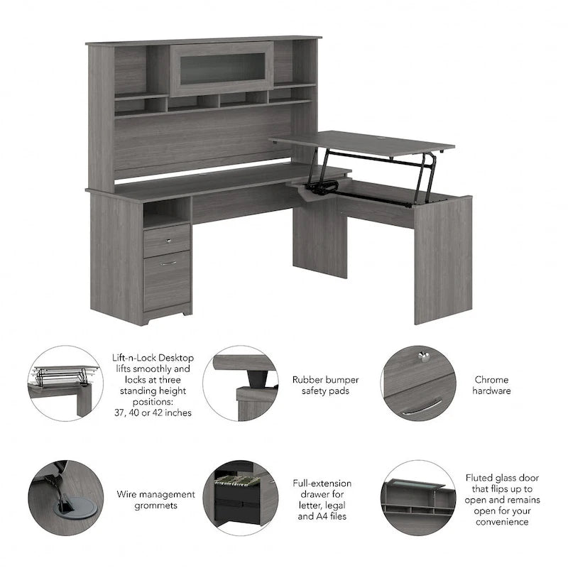 Bureau assis-debout en forme de L à 3 positions de 72 W avec huche, par Bush Furniture