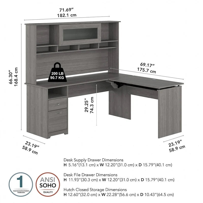 Bureau assis-debout en forme de L à 3 positions de 72 W avec huche, par Bush Furniture