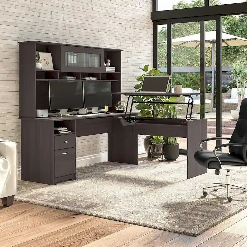 Bureau assis-debout en forme de L à 3 positions de 72 W avec huche, par Bush Furniture