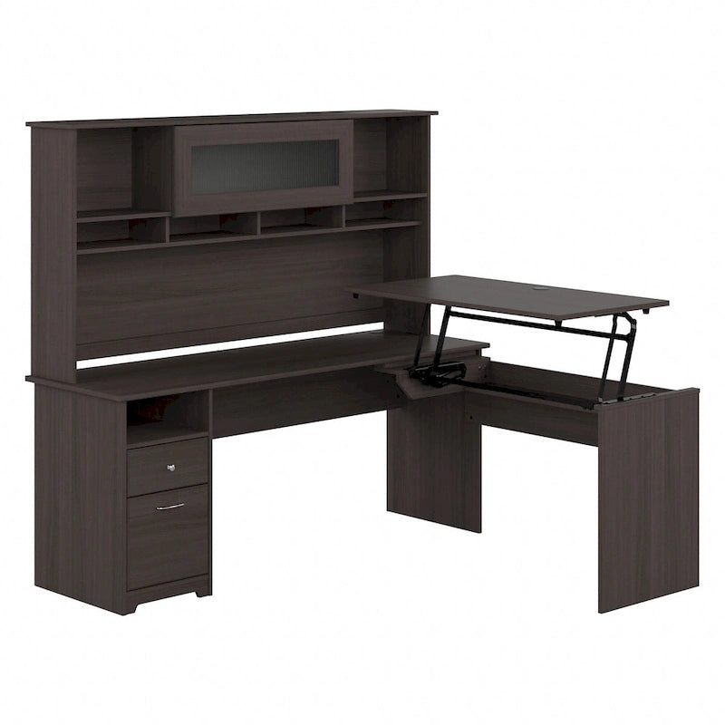 Bureau assis-debout en forme de L à 3 positions de 72 W avec huche, par Bush Furniture