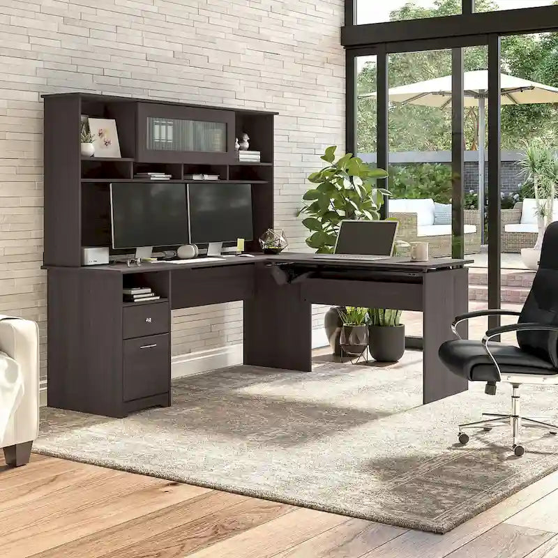 Bureau assis-debout en forme de L à 3 positions de 72 W avec huche, par Bush Furniture