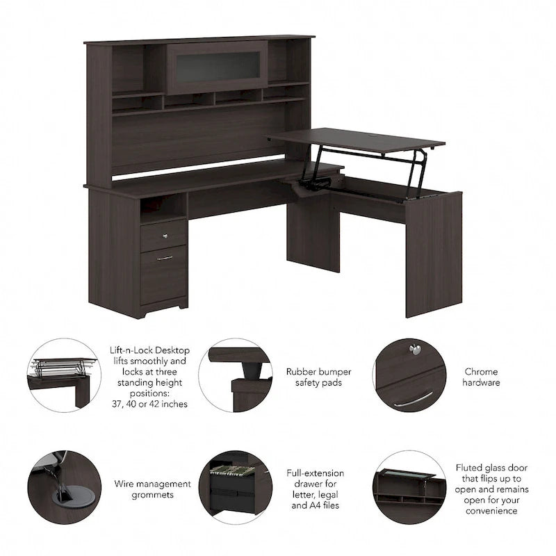 Bureau assis-debout en forme de L à 3 positions de 72 W avec huche, par Bush Furniture