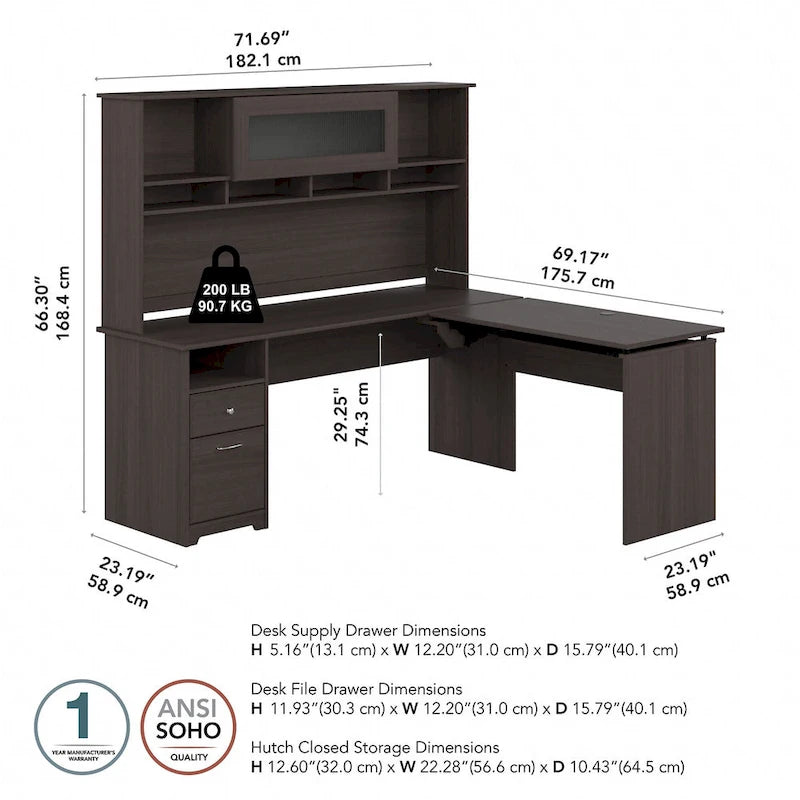 Bureau assis-debout en forme de L à 3 positions de 72 W avec huche, par Bush Furniture