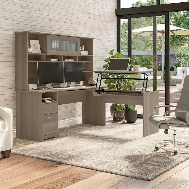 Bureau assis-debout en forme de L à 3 positions de 72 W avec huche, par Bush Furniture