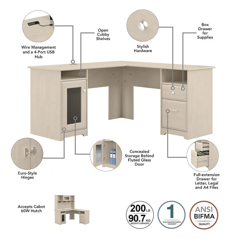 Bureau en L Cabot 60 W avec huche et classeur de Bush Furniture