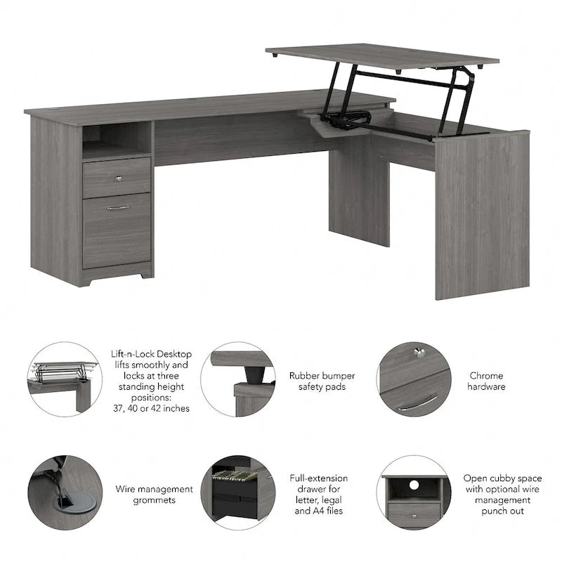 Bureau assis-debout en L à 3 positions de 72 W de Bush Furniture