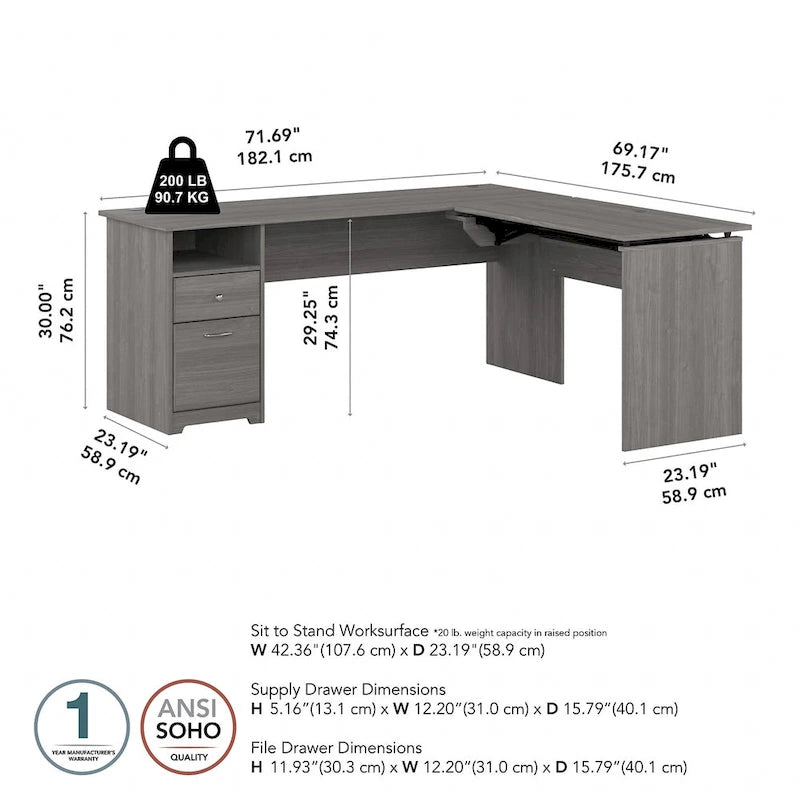 Bureau assis-debout en L à 3 positions de 72 W de Bush Furniture