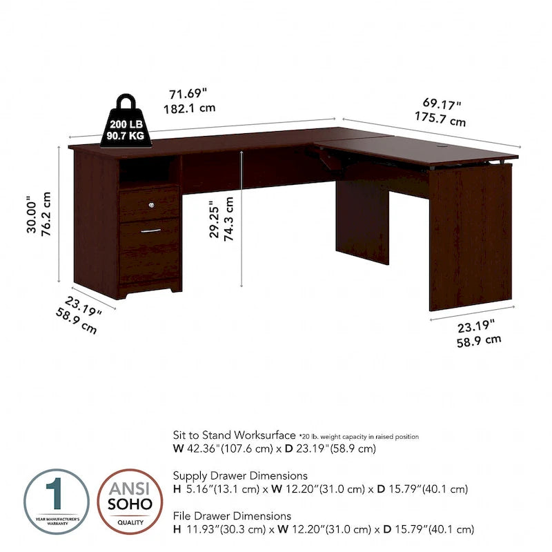 Bureau assis-debout en L à 3 positions de 72 W de Bush Furniture