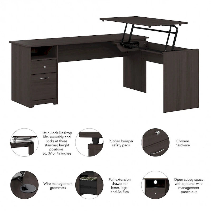 Bureau assis-debout en L à 3 positions de 72 W de Bush Furniture