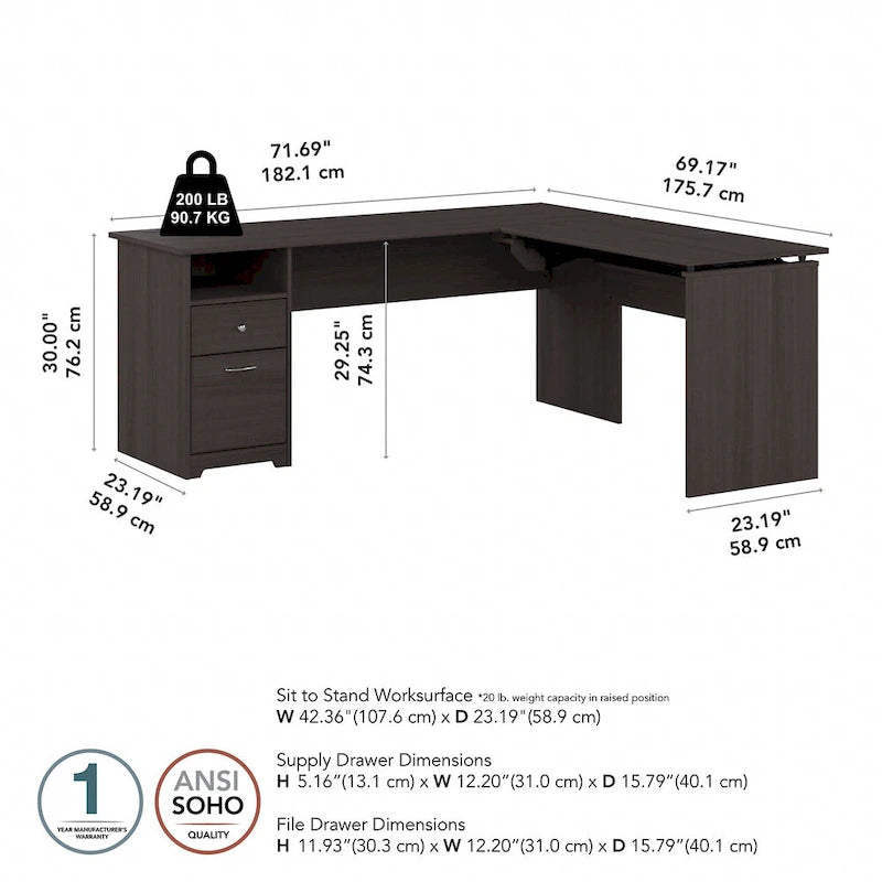 Bureau assis-debout en L à 3 positions de 72 W de Bush Furniture