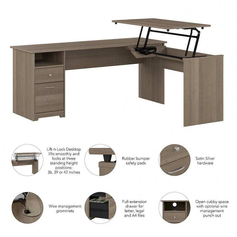 Bureau assis-debout en L à 3 positions de 72 W de Bush Furniture