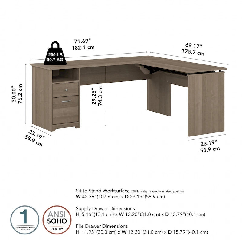 Bureau assis-debout en L à 3 positions de 72 W de Bush Furniture