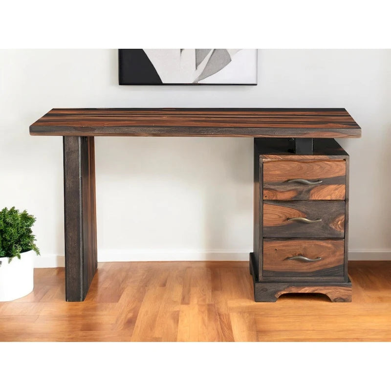 HomeRoots 54 Brun Live Edge Bureau en bois massif avec trois tiroirs