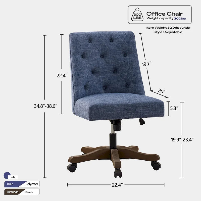 Chaise de bureau pivotante rembourrée, chaise de bureau à domicile sans accoudoirs, chaise d'ordinateur réglable en hauteur avec roulettes pour l'étude