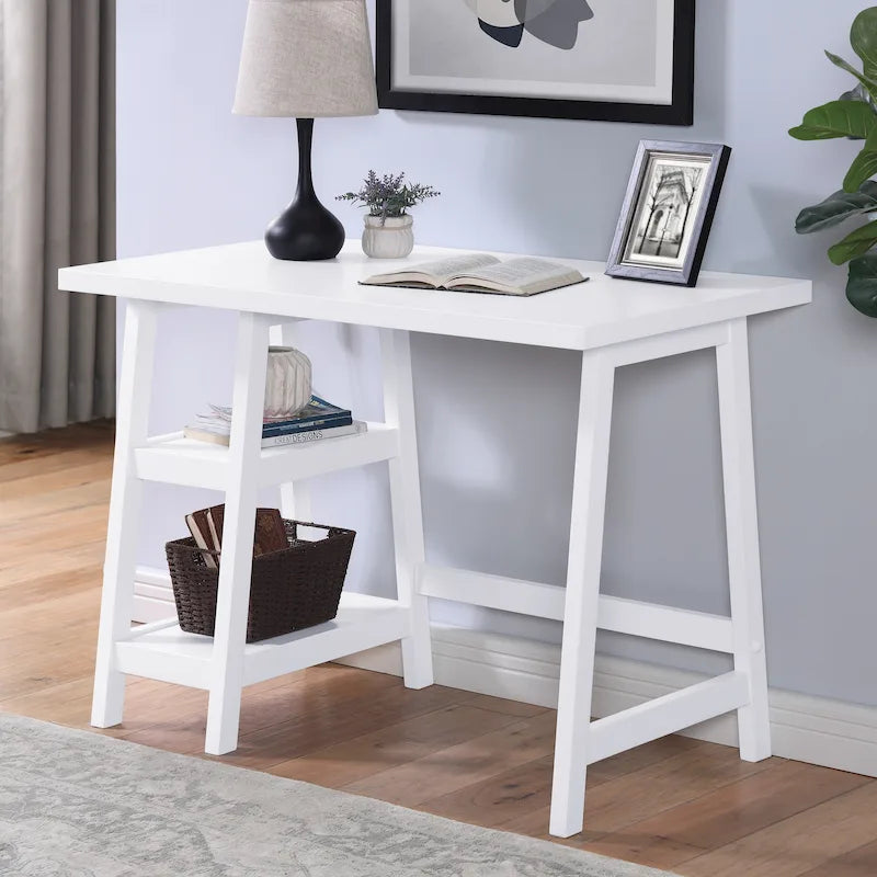 Bureau d'ordinateur moderne avec étagères de rangement ouvertes et pieds en bois d'hévéa pour bureau à domicile ou chambre à coucher