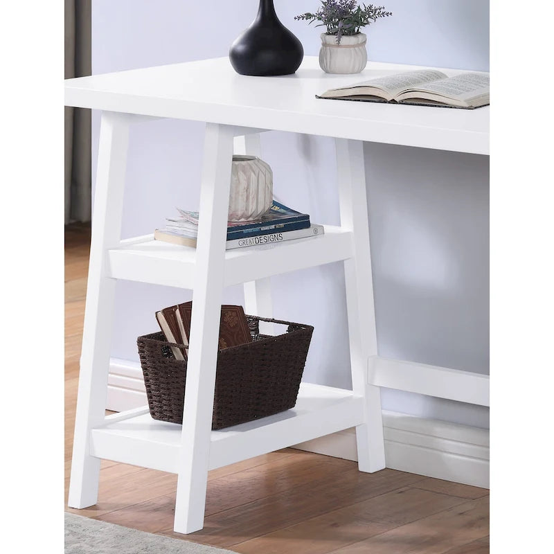 Bureau d'ordinateur moderne avec étagères de rangement ouvertes et pieds en bois d'hévéa pour bureau à domicile ou chambre à coucher