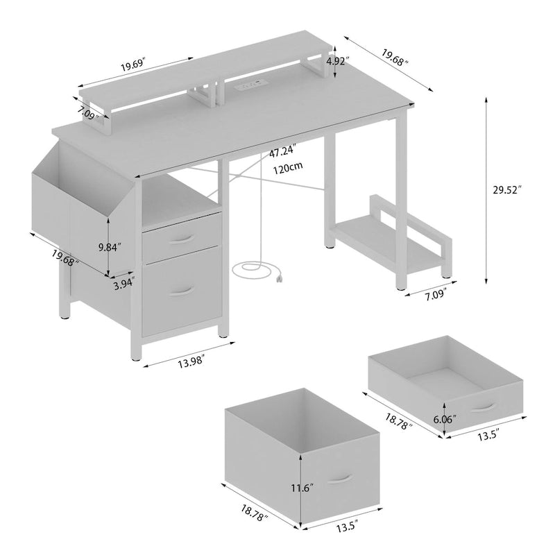 Bureau d'ordinateur moderne avec multiprise, supports pour deux moniteurs et 2 tiroirs pour le bureau à domicile ou l'organisation d'études
