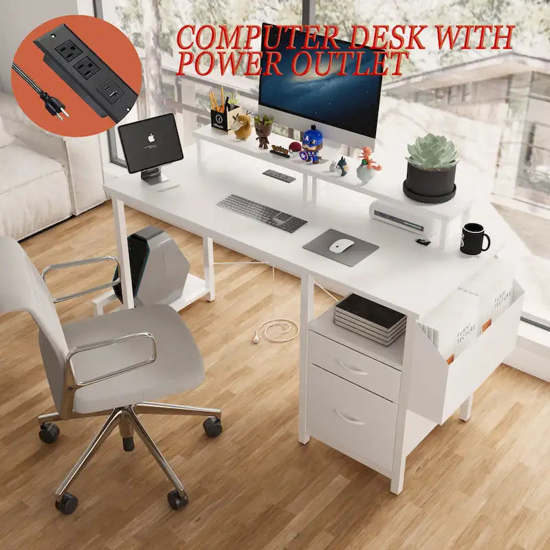 Bureau d'ordinateur moderne avec multiprise, supports pour deux moniteurs et 2 tiroirs pour le bureau à domicile ou l'organisation d'études