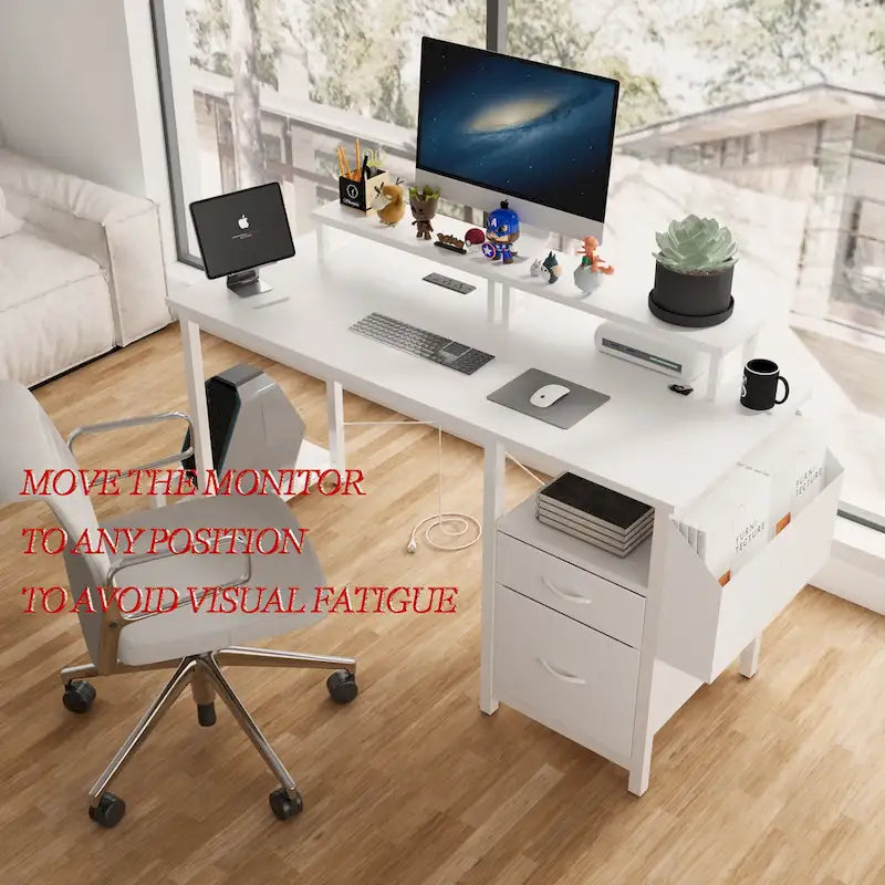 Bureau d'ordinateur moderne avec multiprise, supports pour deux moniteurs et 2 tiroirs pour le bureau à domicile ou l'organisation d'études