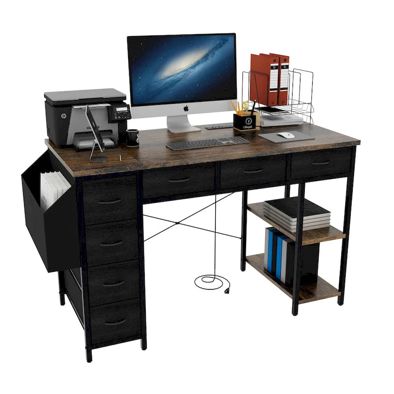 Bureau d'ordinateur moderne avec multiprise, supports pour deux moniteurs et 2 tiroirs pour le bureau à domicile ou l'organisation d'études