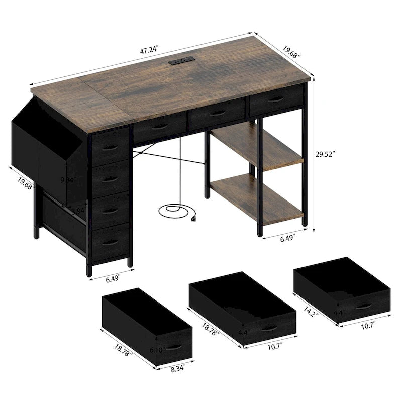 Bureau d'ordinateur moderne avec multiprise, supports pour deux moniteurs et 2 tiroirs pour le bureau à domicile ou l'organisation d'études