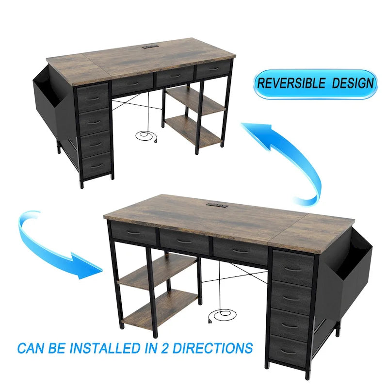 Bureau d'ordinateur moderne avec multiprise, supports pour deux moniteurs et 2 tiroirs pour le bureau à domicile ou l'organisation d'études