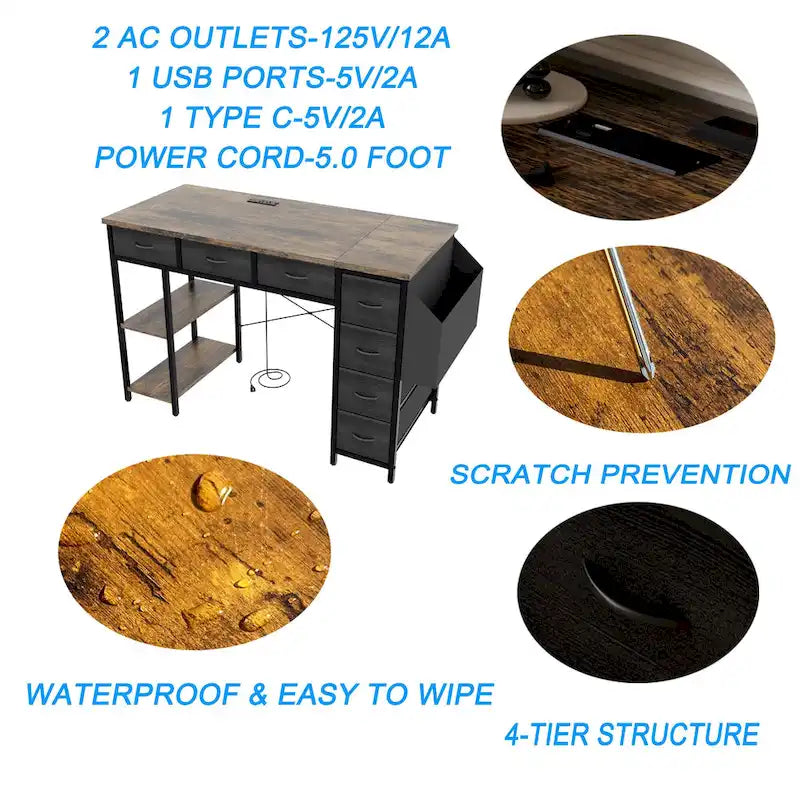 Bureau d'ordinateur moderne avec multiprise, supports pour deux moniteurs et 2 tiroirs pour le bureau à domicile ou l'organisation d'études