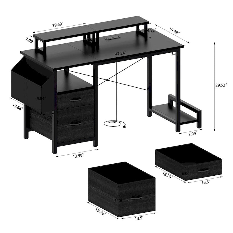 Bureau d'ordinateur moderne avec multiprise, supports pour deux moniteurs et 2 tiroirs pour le bureau à domicile ou l'organisation d'études