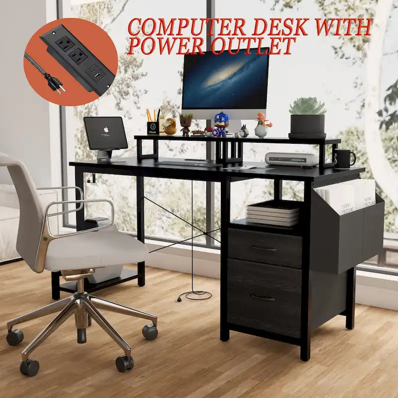 Bureau d'ordinateur moderne avec multiprise, supports pour deux moniteurs et 2 tiroirs pour le bureau à domicile ou l'organisation d'études