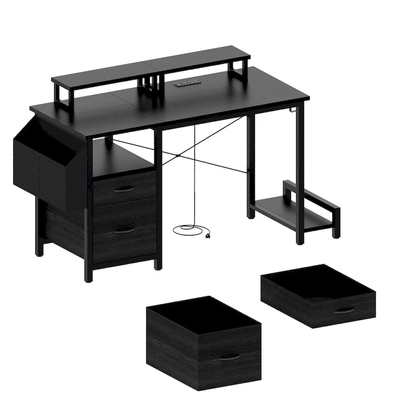Bureau d'ordinateur moderne avec multiprise, supports pour deux moniteurs et 2 tiroirs pour le bureau à domicile ou l'organisation d'études