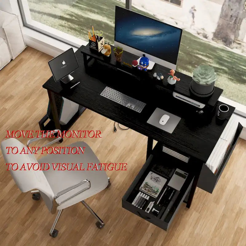 Bureau d'ordinateur moderne avec multiprise, supports pour deux moniteurs et 2 tiroirs pour le bureau à domicile ou l'organisation d'études