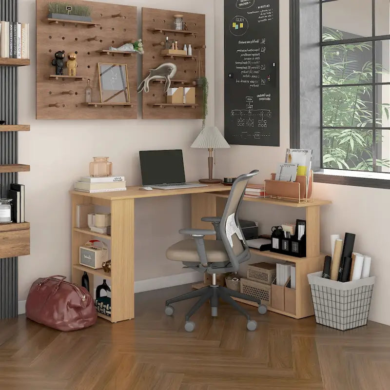 Bureau d'angle d'ordinateur moderne en L avec support réglable et grand espace de rangement pour bureau à domicile ou petits espaces