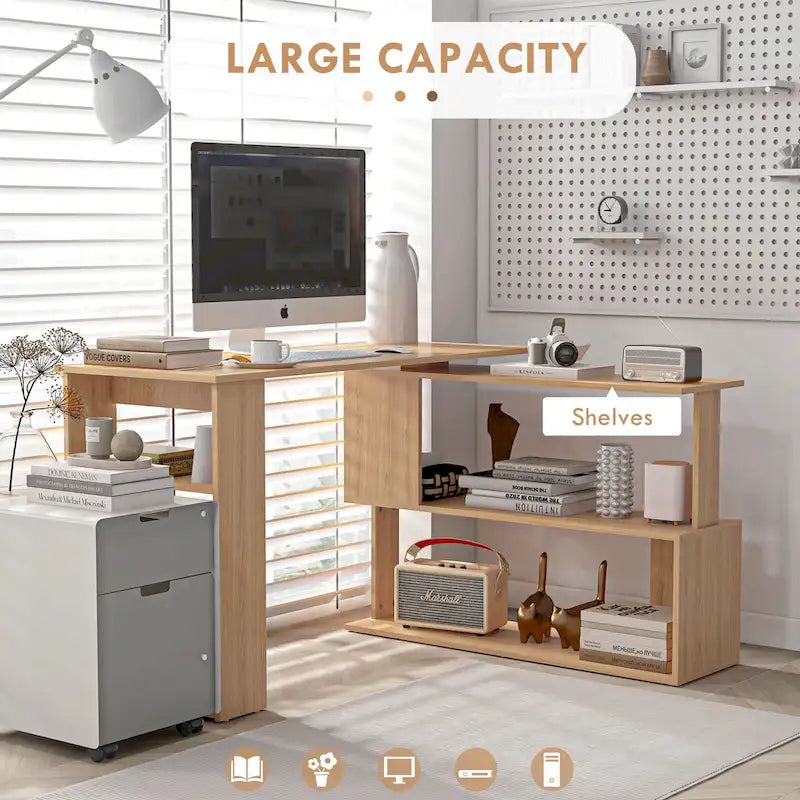 Bureau d'angle d'ordinateur moderne en L avec support réglable et grand espace de rangement pour bureau à domicile ou petits espaces
