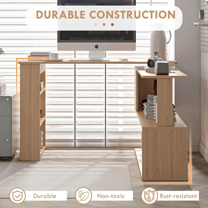 Bureau d'angle d'ordinateur moderne en L avec support réglable et grand espace de rangement pour bureau à domicile ou petits espaces