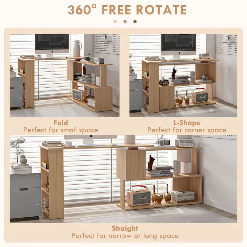 Bureau d'angle d'ordinateur moderne en L avec support réglable et grand espace de rangement pour bureau à domicile ou petits espaces