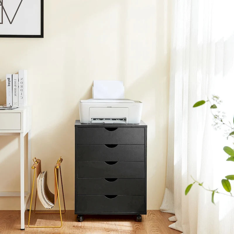 Meuble Classeur Mobile à 5 Tiroirs, Commode de Rangement Verticale en Bois avec 4 Roulettes, Organiseur Mobile Sous Bureau