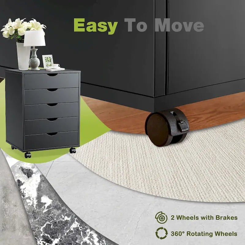 Meuble Classeur Mobile à 5 Tiroirs, Commode de Rangement Verticale en Bois avec 4 Roulettes, Organiseur Mobile Sous Bureau