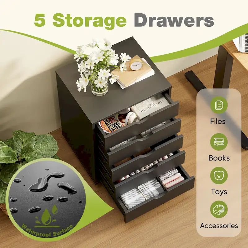 Meuble Classeur Mobile à 5 Tiroirs, Commode de Rangement Verticale en Bois avec 4 Roulettes, Organiseur Mobile Sous Bureau