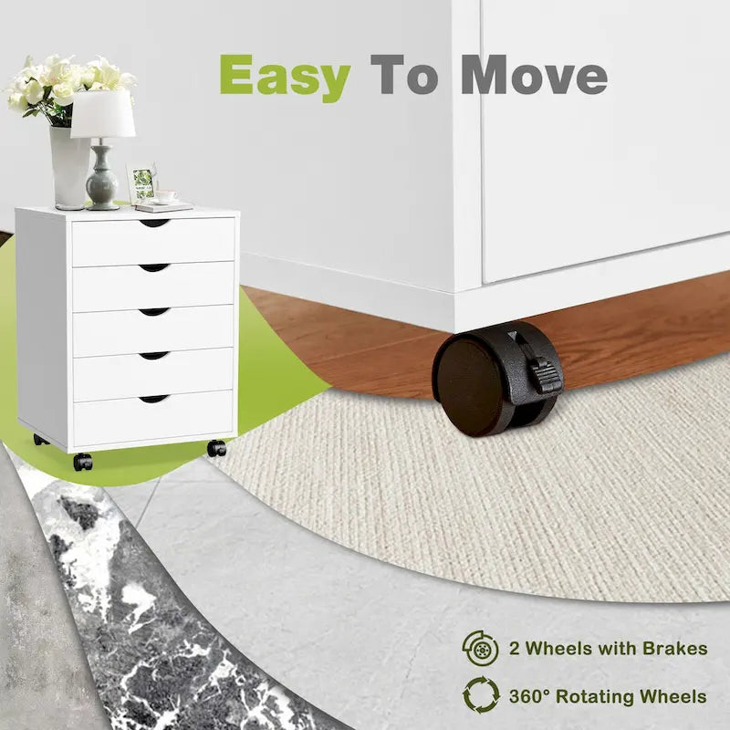 Meuble Classeur Mobile à 5 Tiroirs, Commode de Rangement Verticale en Bois avec 4 Roulettes, Organiseur Mobile Sous Bureau