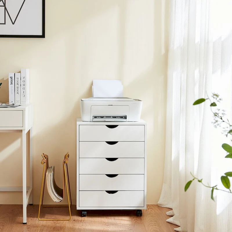 Meuble Classeur Mobile à 5 Tiroirs, Commode de Rangement Verticale en Bois avec 4 Roulettes, Organiseur Mobile Sous Bureau