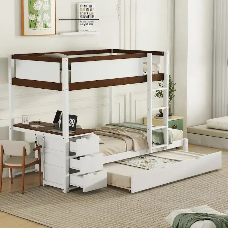 Lit superposé jumeau sur jumeau avec cadre de lit gigogne taille jumeau et rangements, lit de rangement avec bureau, peu encombrant pour enfants, adolescents et adultes