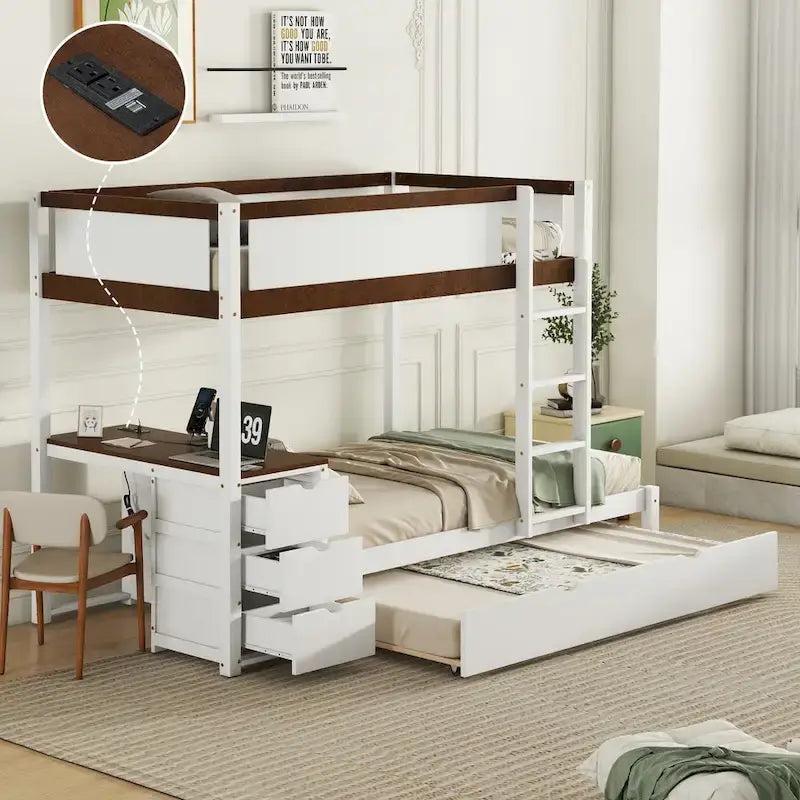 Lit superposé jumeau sur jumeau avec cadre de lit gigogne taille jumeau et rangements, lit de rangement avec bureau, peu encombrant pour enfants, adolescents et adultes