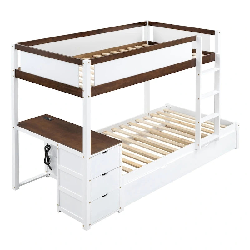 Lit superposé jumeau sur jumeau avec cadre de lit gigogne taille jumeau et rangements, lit de rangement avec bureau, peu encombrant pour enfants, adolescents et adultes