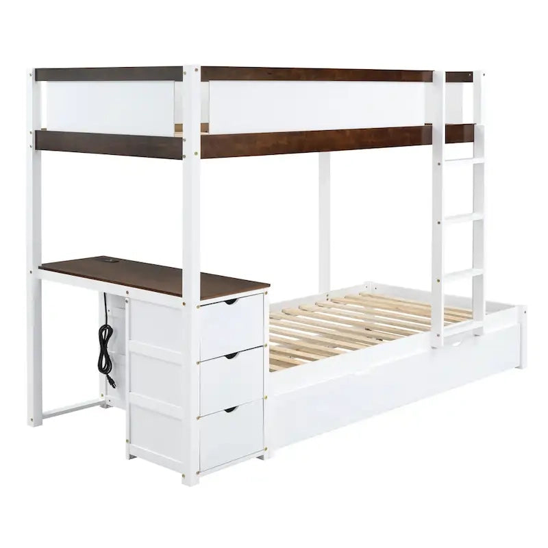 Lit superposé jumeau sur jumeau avec cadre de lit gigogne taille jumeau et rangements, lit de rangement avec bureau, peu encombrant pour enfants, adolescents et adultes